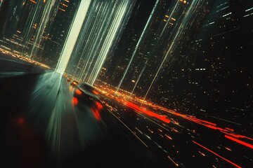 Abstract speed city highway background, dark night cars lights , fast traffic motion blur