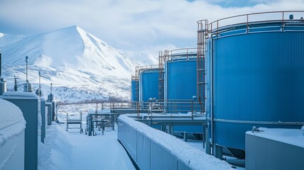 Snowy industrial site, blue tanks, mountainous backdrop.