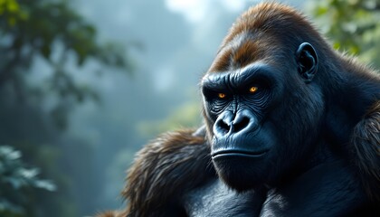 Obraz premium Majestic Gorilla in a Misty Forest: A Powerful Portrait of Wildlife Beauty and Strength
