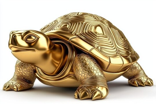 An isolated golden turtle mascot design against a white backdrop.