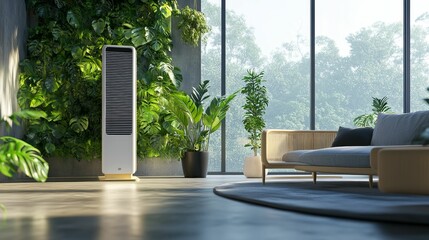 Modern living room, plants, tall appliance, large window.