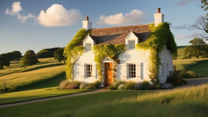 A Panoramic View of a White Cottage with Ivy and Rolling Hills