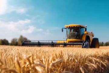 Yellow tractor harvesting wheat on a sunny day in a rural field