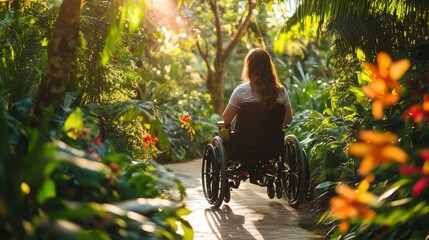 A young woman in a powered wheelchair moves through a botanical garden surrounded by vibrant flowers and sunlight filtering through the trees