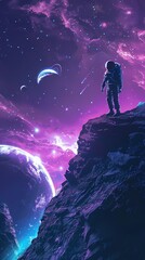 Fototapeta premium Digital technology blue and purple space astronaut poster background