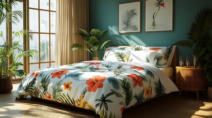 Vibrant tropicalprint bed sheet featuring palm leaves and hibiscus flowers styled in a summer beach house bedroom with breezy decor