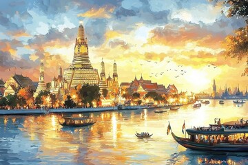 Naklejka premium Stunning oil painting capturing Wat Arun Temple at sunset.