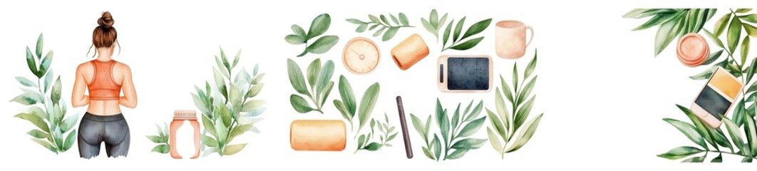 Watercolor of eco-friendly concept, harmonious blend of organic fitness lifestyle and smart technology, Isolate on white background set