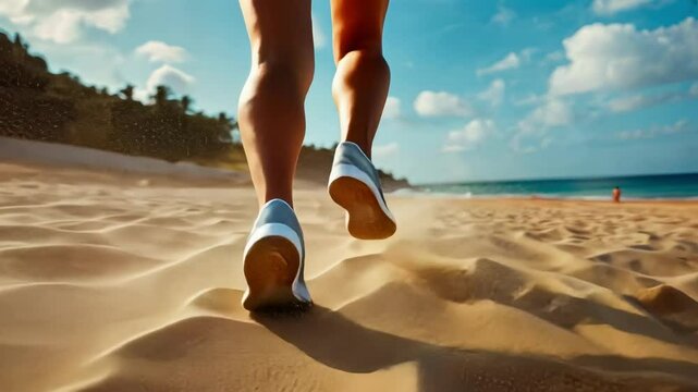 sportsman running on sand close-up. Selective focus