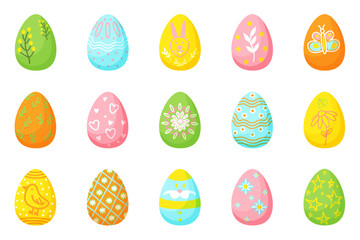 Set of Easter eggs. 15 multi-colored painted eggs with patterns in the form of flowers, butterflies, rabbits, yellow chick, stars, hearts. Vector illustration