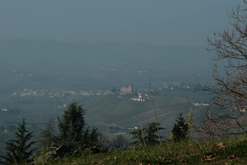 Landscapes in the Piedmontese Langhe of hills and vineyards in autumn after the grape harvest