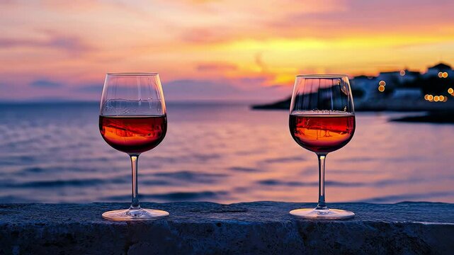 wine glasses on the background of the ocean. Selective focus