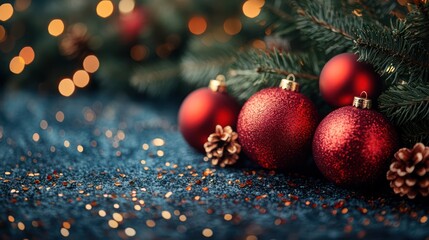 Christmas Festive Red Ornaments with Pine Branch and Sparkling Background