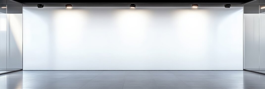 Modern gallery room featuring a prominent blank white wall illuminated by spotlights, creating an ideal space for showcasing artwork with sleek concrete flooring and glass partitions