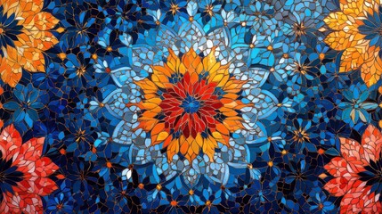 Vibrant Floral Mosaic: A Symphony of Blues, Oranges, and Reds