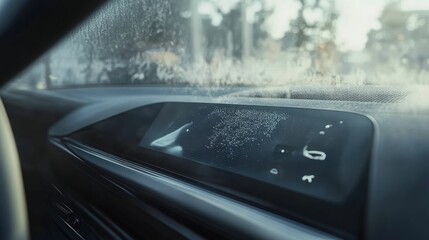 Obraz premium Wet vehicle interior, display screen, steamy windows.