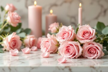  Elegant pink roses with soft candles, romantic atmosphere, celebrating special moments, marble background