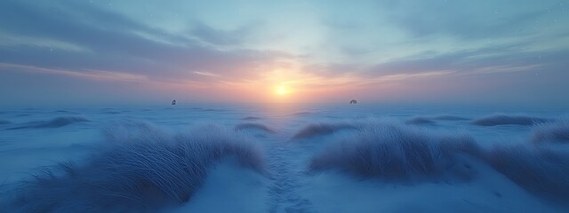 Serene winter sunset over snow-covered field.