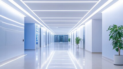 Bright hallway, sleek design, plants, modern architecture.