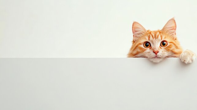Cute ginger cat peeking over a blank white banner or large poster with plenty of space for advertising or design, providing a charming and attention grabbing mockup
