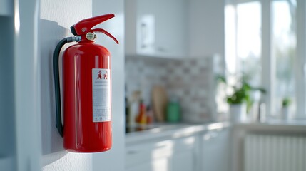 A red fire extinguisher mounted on a wall in a bright kitchen setting.