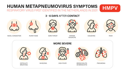 Human metapneumovirus symptoms icons. Set of hmpv symptoms icons in flat outline style. Set of modern and concise icons metapneumovirus, hMPV. Vector illustration