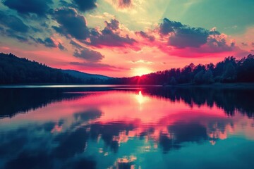 A serene sunset over a tranquil lake, reflecting vibrant colors.