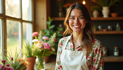 Obraz premium Smiling Woman Florist in a Beautiful Shop