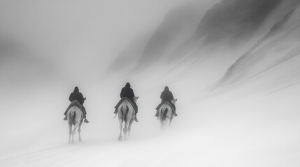 Fototapeta premium Three Riders in a Misty Mountain Pass