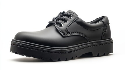 Black leather children's school shoe with laces, chunky sole, isolated on white.