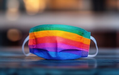 Obraz premium A close-up of a rainbow-colored face mask resting on a table, symbolizing personal expression within the LGBTQ+ community. 