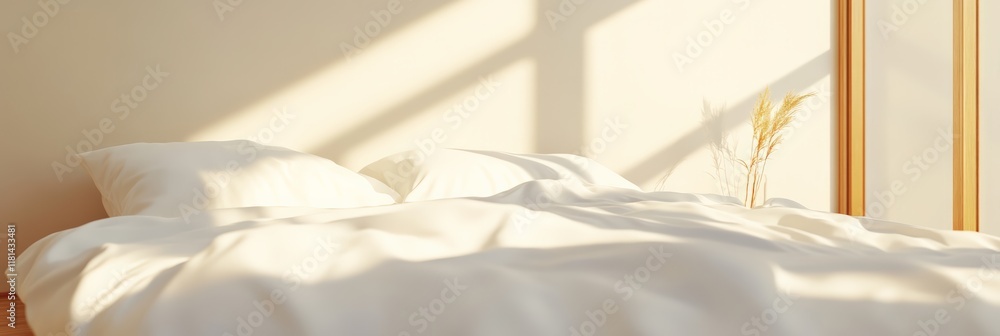 Aufkleber Sunlight streaming through a window highlights an unmade bed adorned with white sheets and pillows, fostering a cozy and relaxing atmosphere in a modern bedroom