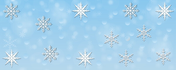 Winter snowflakes on a beautiful background. The atmosphere is calm and peaceful, evoking the magic and stillness of a snowy day. Design for banner, cards, prints, social media, poster, flyer.Eps 10.