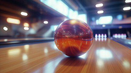 Shiny bowling ball rolling down a glossy wooden lane