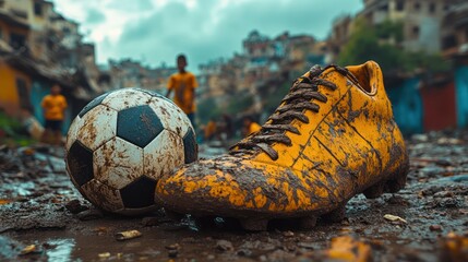 Muddy Soccer Cleat and Ball in a Slums Setting