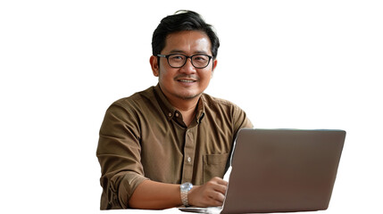 man smiling in front of laptop wearing glasses with no background removed transparent background