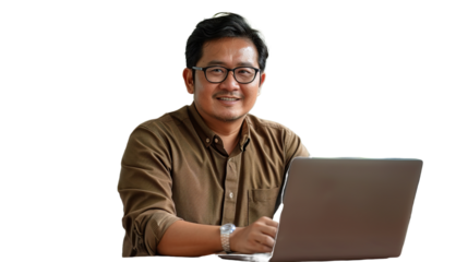 man smiling in front of laptop wearing glasses with no background removed transparent background