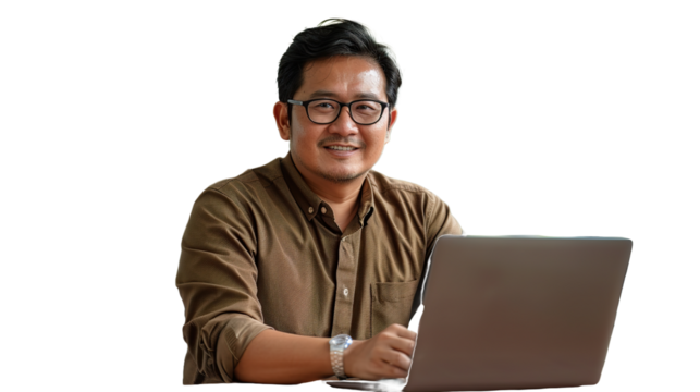 man smiling in front of laptop wearing glasses with no background removed transparent background - Powered by Adobe