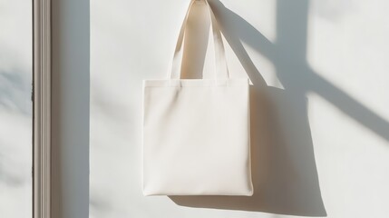 White tote bag mockup hanging against a white wall, illuminated by soft window light casting gentle shadows, ideal for displaying unique designs or impactful branding