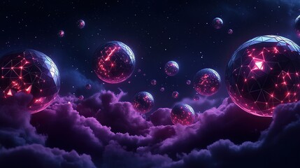 **A celestial array of geometric orbs spinning in harmonious patterns