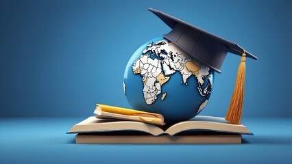 The concept of online education has very little background. Graduation hat on a blue globe on a blue background. illustration of a 3D rendering. Every element's clipping path is included.