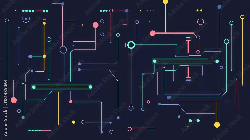 Poster abstract circuit board design: colorful network of lines and nodes