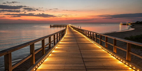 Obraz premium A Beautiful Wooden Pier Path Bathed in the Warm Glow of Lanterns at Twilight