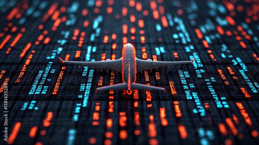 Poster a stylized airplane is depicted against a vibrant digital background of colorful binary code.