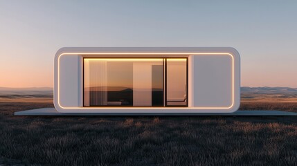 Obraz premium A modern, minimalist home with large windows, set against a serene landscape during sunset, showcasing sleek architectural design.