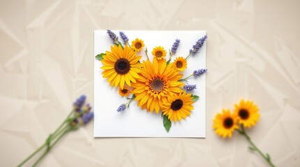 Bright arrangement of sunflowers and lavender with copy space on a textured background