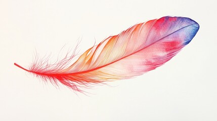 Naklejka premium A vibrant, colorful feather with a gradient of red, orange, and blue, showcasing delicate details and a smooth texture against a light background.