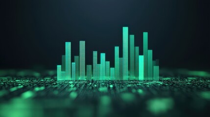 A digital representation of sound waves in vibrant green hues, displaying fluctuating heights against a dark background.