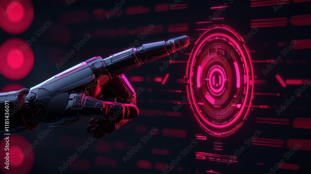 Poster a robotic hand touches a glowing digital interface, showcasing advanced technology and interaction i