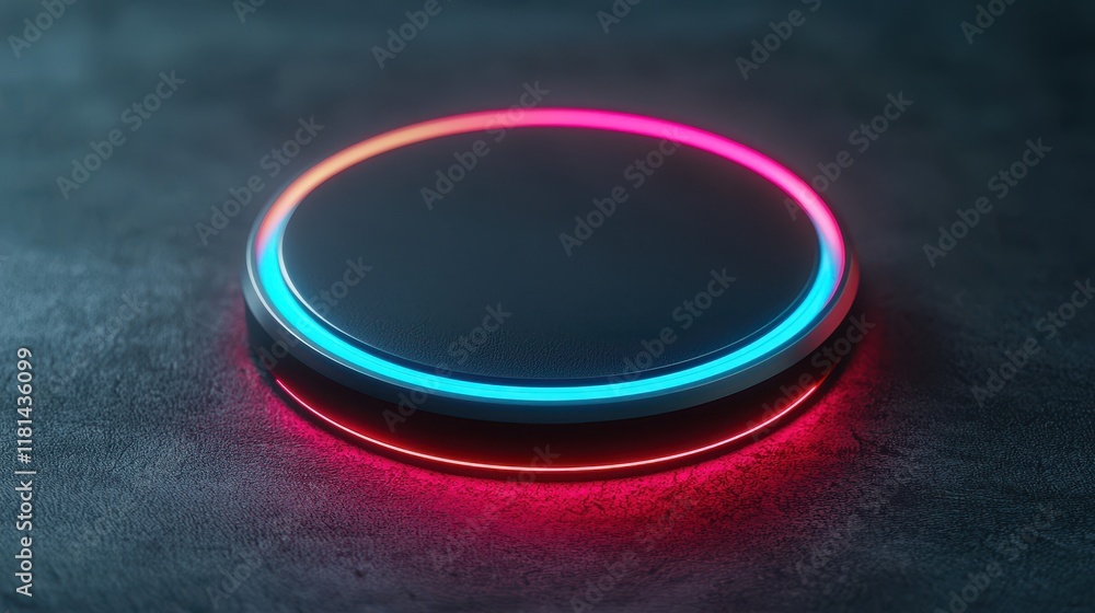 Poster a glowing, circular device with colorful edges sits on a textured surface, creating a modern, futuri